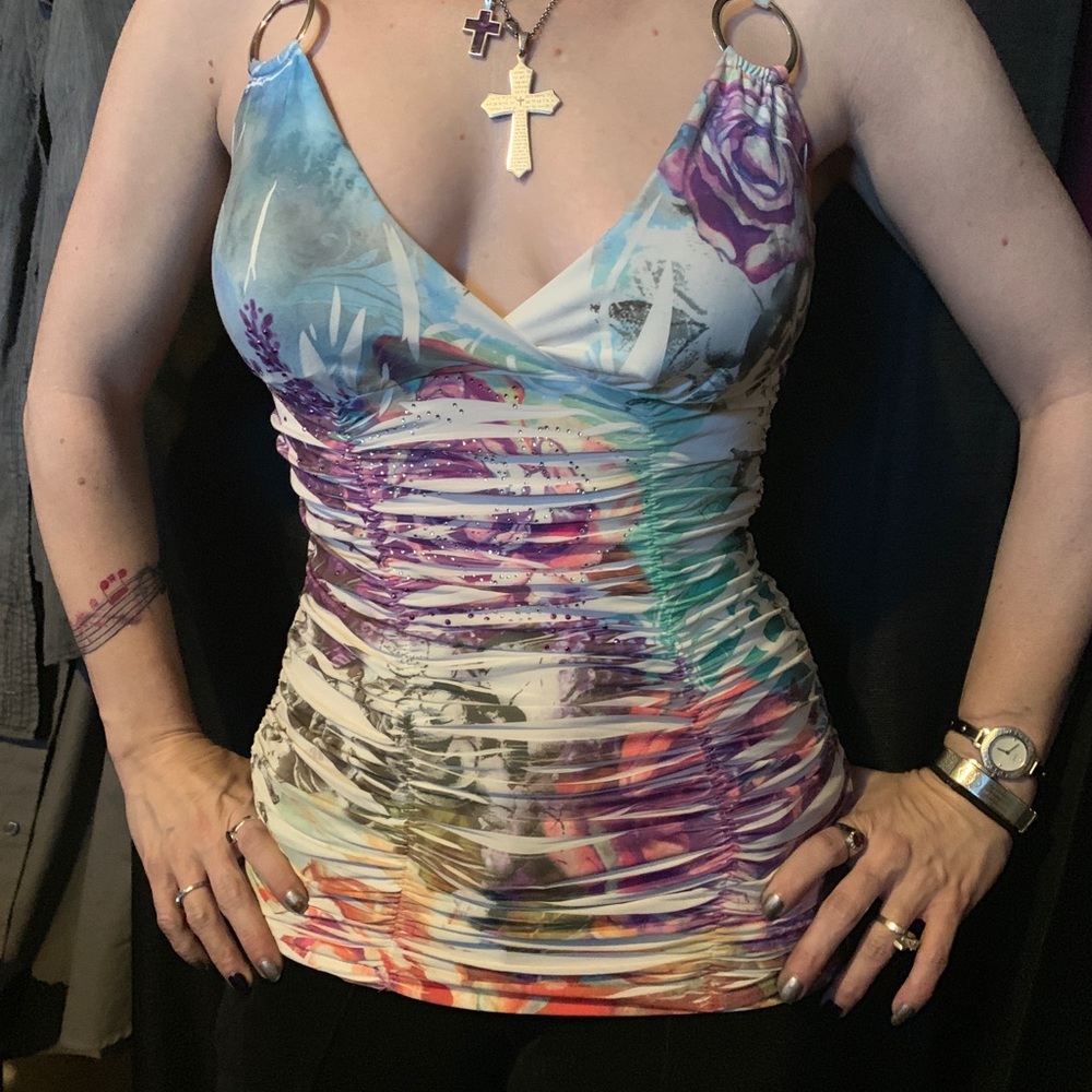 COPY - Ring Strap Gathered Ribbed Floral Tattoo Tank